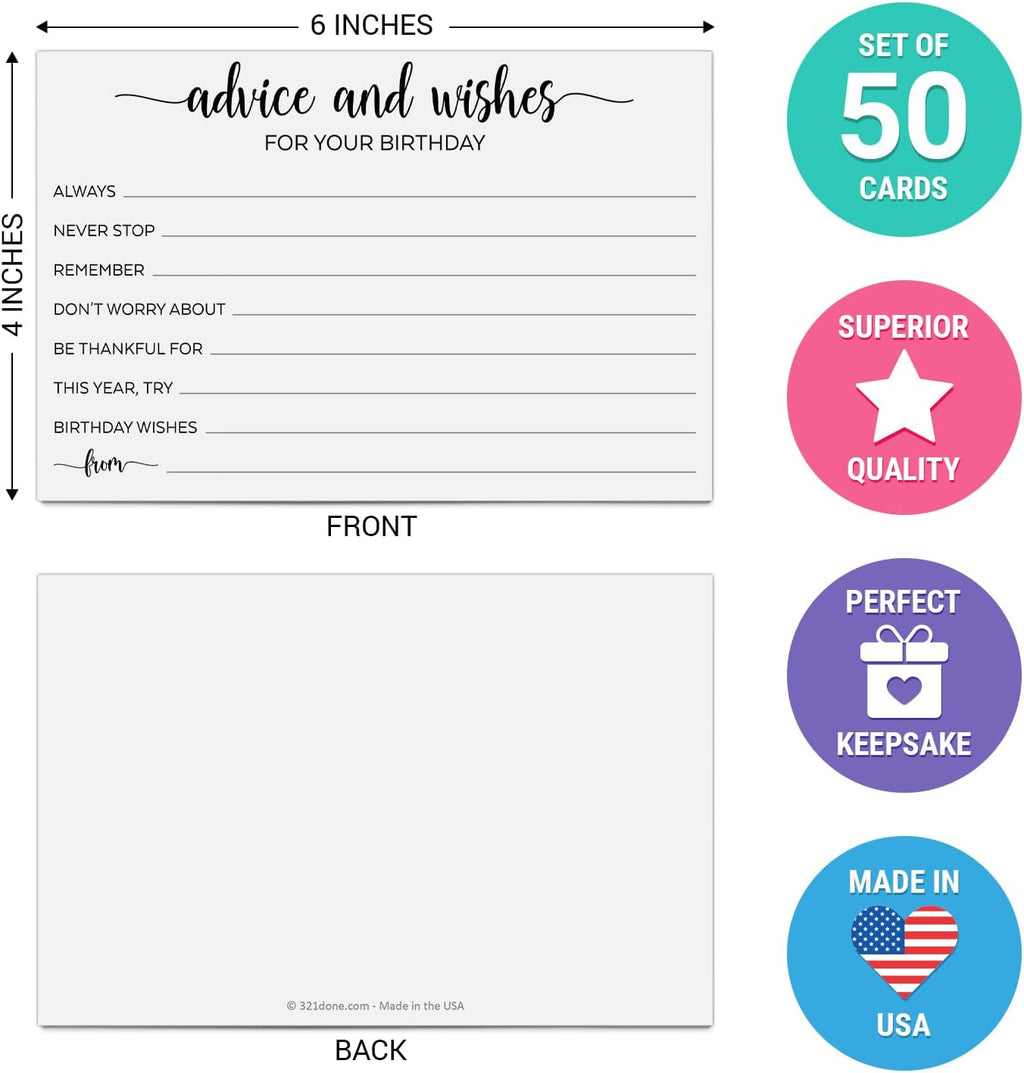 321Done Birthday Advice and Wishes Cards - 4x6 White, Good Advice, Best Wishes, Memories Cards - Bday Party Idea Activity - Sweet 16, 30th, 40th, 50th - Fun Ad Lib Prompts - Made in USA