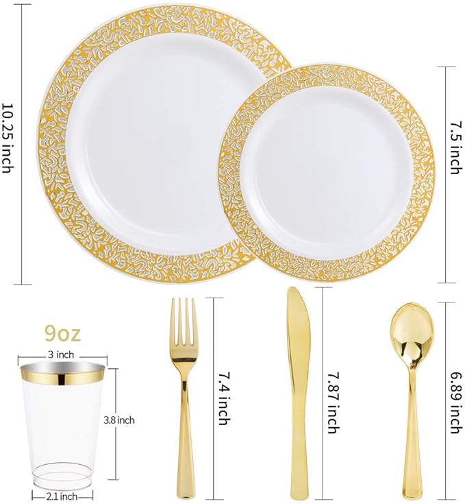 WELLIFE 175 PCS Gold Plastic Plates, Gold Rim Plastic Dinnerware Set, Includes: 25 Dinner plates, 25 Salad Plates, 25 Tumblers 9oz, 50 Forks, 25 Knives and 25 Spoons for Party