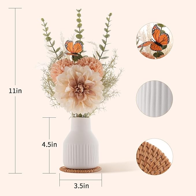 Small Fake Flowers in Vase 14" Centerpiece Table Decorations Silk Flowers Arrangements Ceramic Vase Dahlia Chrysanthemum Artificial Flowers Bouquet for Bathroom Dining Room Kitchen Wedding (White)