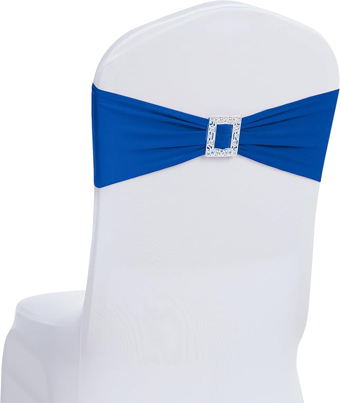 Joccun 120 PCS Spandex Chair Sashes Bows Stretch Chair Cover Band with Buckle Slider Universal Elastic Chair Ties for Wedding Banquet Party Event Decoration (Royal Blue)