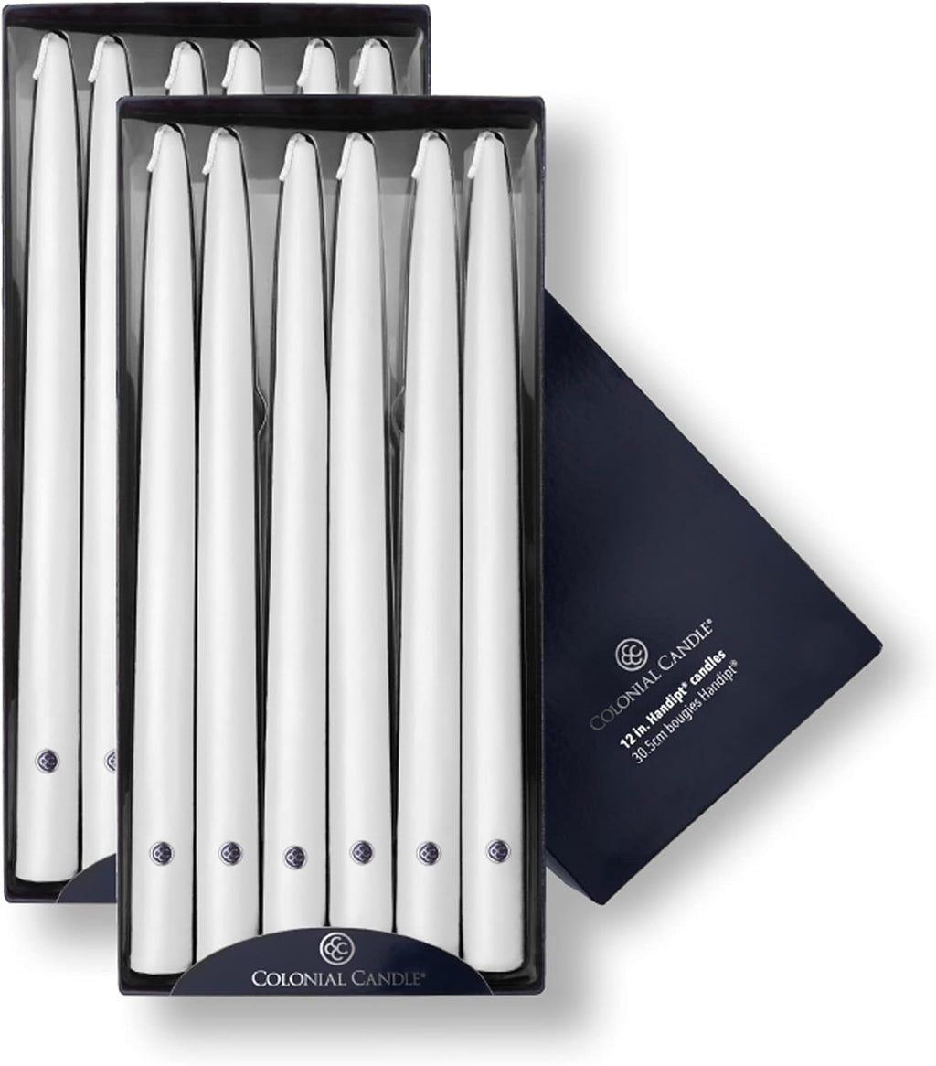 Colonial Candle Unscented Taper Candle, Handipt Collection, White, 12 In, Pack of 12 - Up to 10 Hours Burn