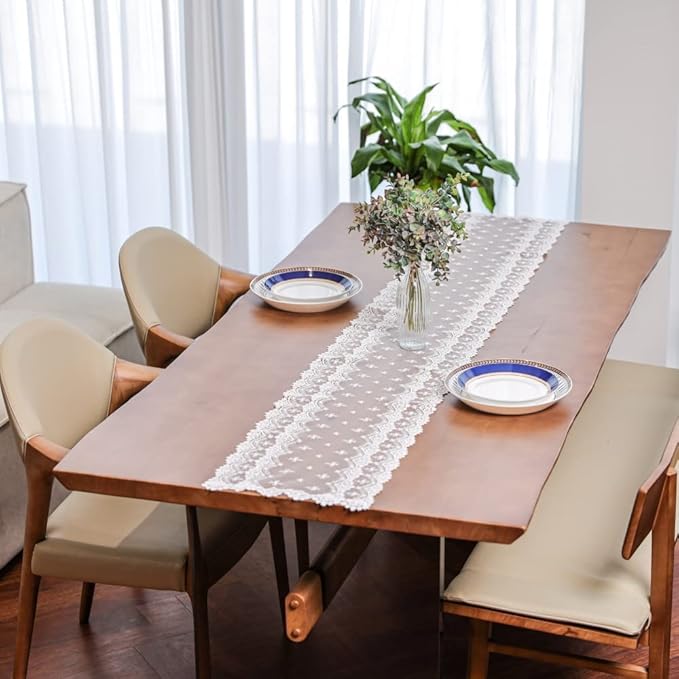 Inicia Table Lace Runner 12×70 inch Embroidered for Holiday Wedding Picnic Daily Dinner Tables White Decor (Polyester, 12"×70" (31cm×180cm))