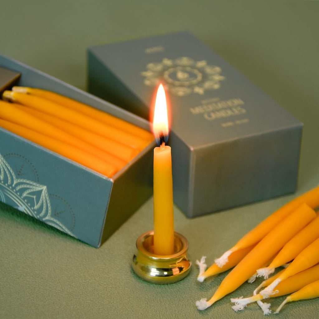20-Minute Beeswax Meditation Candles, 20-Count with Brass Holder | 100% pure beeswax mini tapers, 20min burn timer, Includes brass holder, Dripless, Luxury tactile gift box