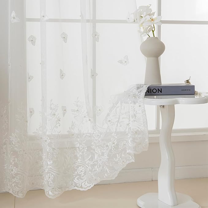VISIONTEX White Sheer Voile Curtains, Decorative White Embossed Butterflies Rod Pocket Window Drapes for Home Kitchen, Living Room and Bedroom 54 x 63 Inch, Set of 2 Curtain Panels