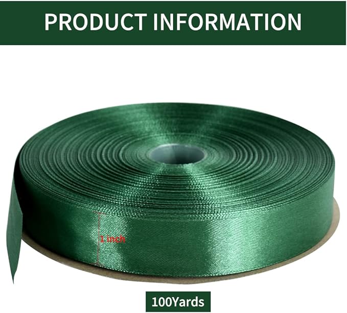TONIFUL 1 Inch x 100yds Christmas Green Satin Ribbon, Thin Solid Color Satin Ribbon for Gift Wrapping, Crafts, Hair Bows Making, Wedding Party Decoration, Invitation Cards, Floral Bouquets, Christmas