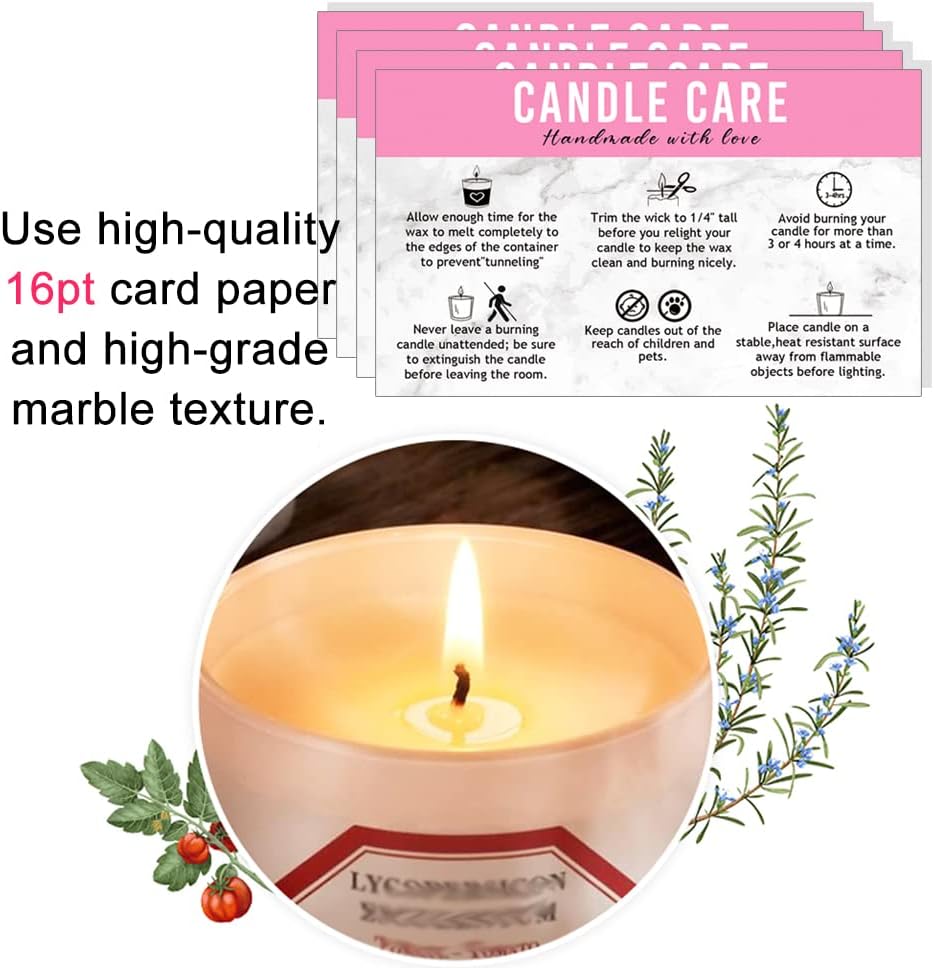 Handmade Candle Care Instruction Card, Card, for Makers Soy Bees Wax Coconut Essential Oils Black with White, 50 Pack 3.5 x 2 inches (Pink)