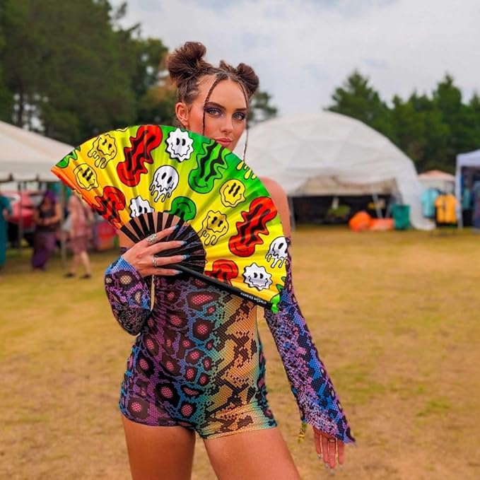 Kandies World UV Reactive Custom Festival Folding Hand Fan - Unique Designs, Made of Bamboo, Clacking Sound, Lightweight - Perfect Rave and Festival Accessory!