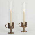 Antique Brass Hurricane Candle Holders with Clear Glass Tube, Set of 2 Vintage Taper Candlestick Holders for Dining Table Centerpiece & Fireplace Mantle Decor, 13.2" Tall