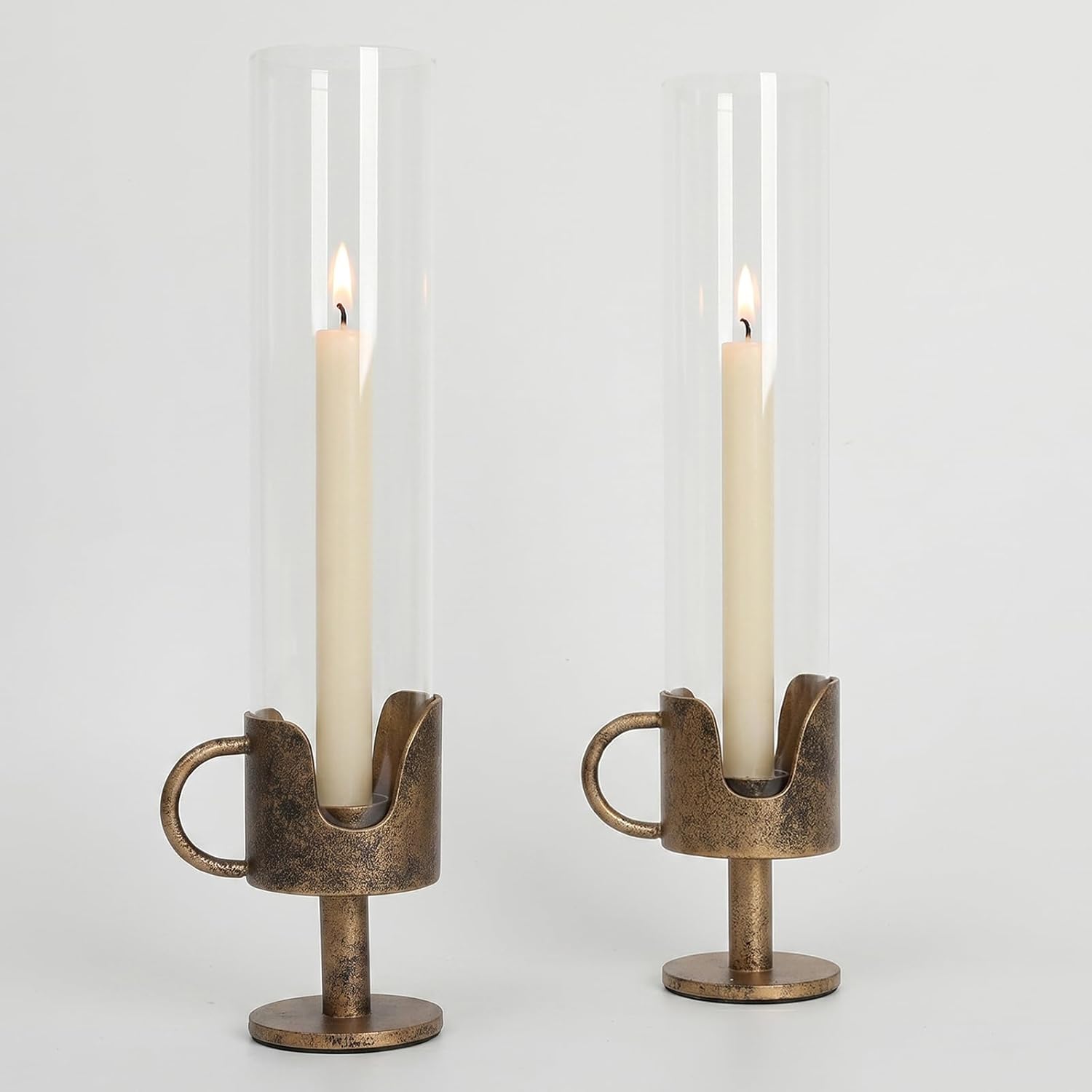 Antique Brass Hurricane Candle Holders with Clear Glass Tube, Set of 2 Vintage Taper Candlestick Holders for Dining Table Centerpiece & Fireplace Mantle Decor, 13.2" Tall