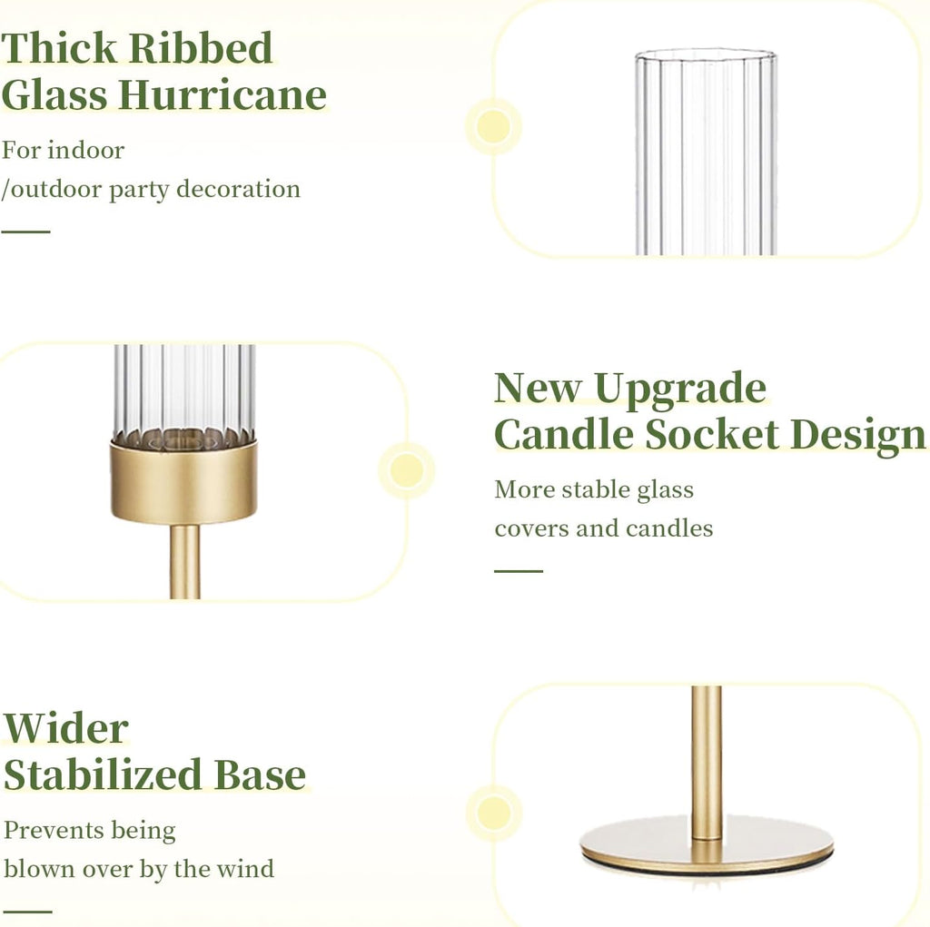 Gold Hurricane Taper Candle Holders: Glasseam 3Pcs Brass Candlestick Holders with Ribbed Glass Cylinder Cover Fluted Tall Candle Sticks Holder Decor for Table Centerpiece Wedding Christmas Decorations