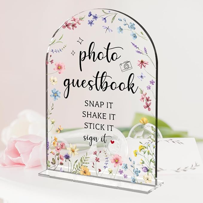 Wedding Sign Decor, Photo Guest Book Sign, 5x7 Inch Arch Acrylic, Wedding Sign for Reception & Event Party, Bridal Shower Decorations, Wedding Table Sign Accessories for Anniversary And Event(Flower)