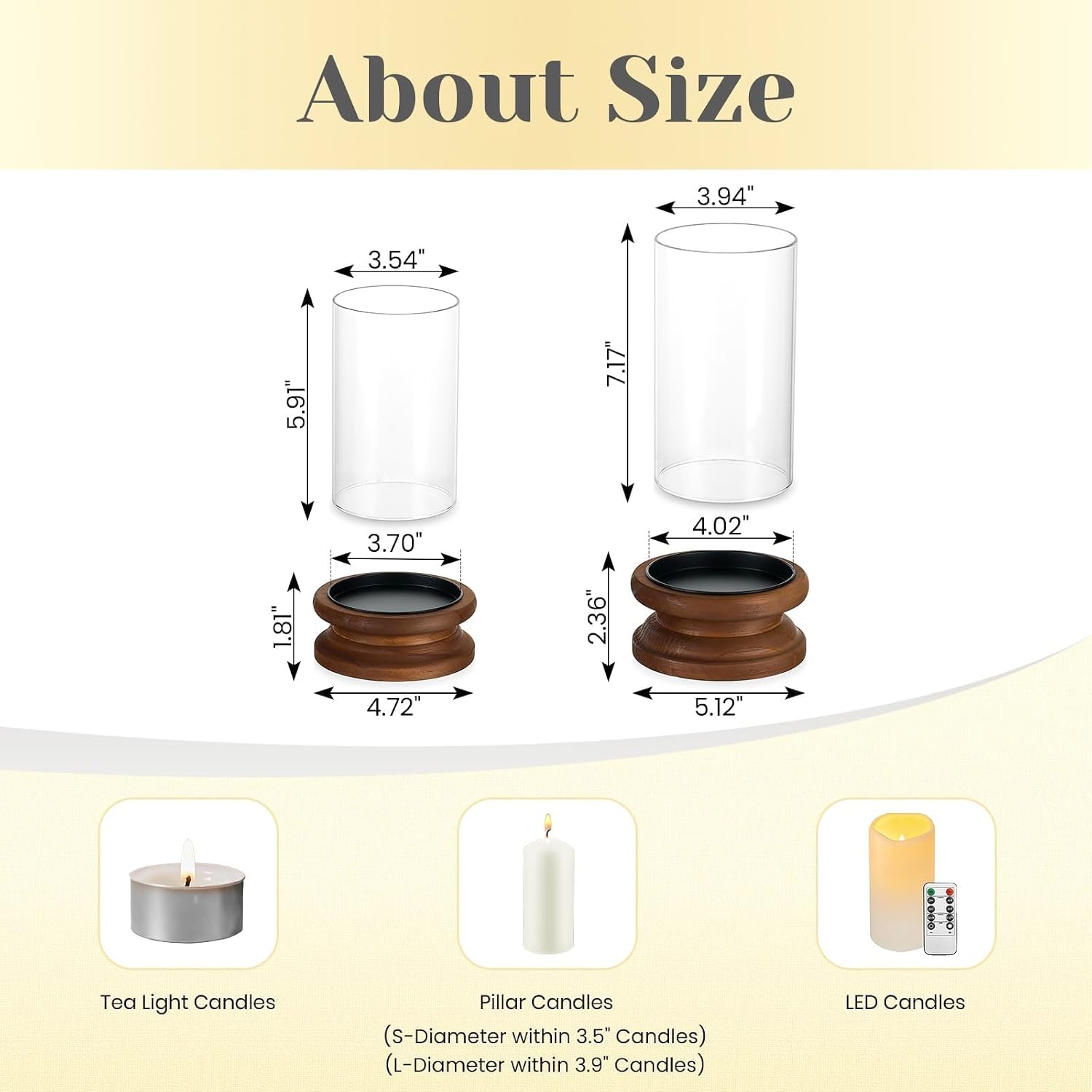 Hewory Hurricane Glass Candle Holder: 2PCS Rustic Brown Candle Holders for Pillar Candles, Vintage Decorative Wood Stand with Clear Glass Cover for Weddings Christmas Table Centerpiece Home Decor