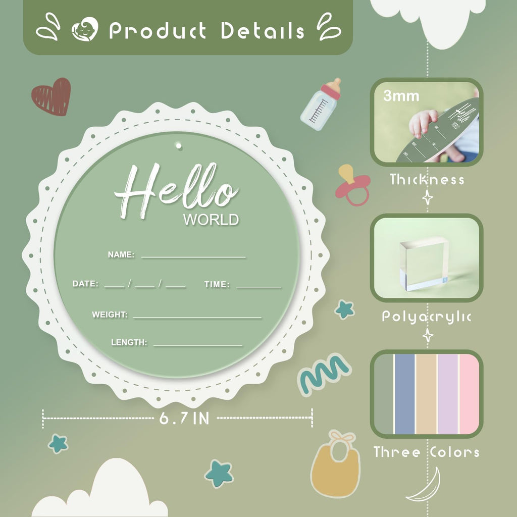 Baby Announcement Sign, 6.7 Inch Acrylic Hello World Newborn Sign Green | Thickness Welcome Baby Sign for Hospital, Birth Announcement Sign, Newborn Photography Props for Nursery Keepsakes & Sweet
