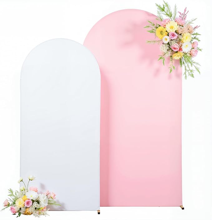 7.2FT 6FT Arch Backdrop Cover for Wedding, Set of 2 Stretchy Spandex Fitted Arch Stand Cover for Baby Shower, Birthday Party Decor, Chiara Backdrop Cover with Double-Sided Design(White, Pink)