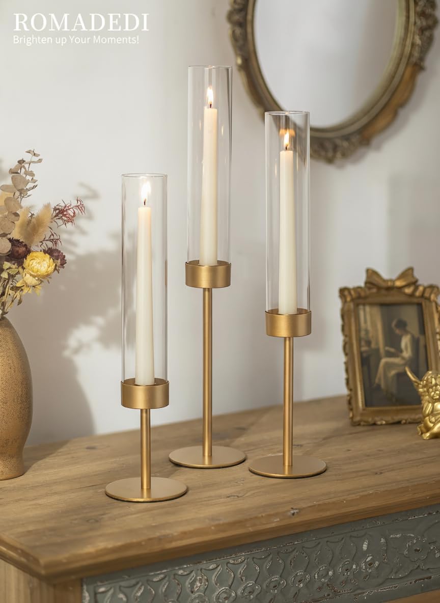 Glass Hurricane Candlestick Holders Gold - Romadedi Taper Candle Holder Tall Clear Glass Cylinder Table Centerpiece Wedding Decor Party Birthday Christmas Home Decorations Set of 3