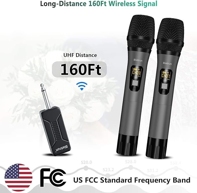 Wireless Microphone, Bietrun UHF Metal Dual Handheld Cordless Dynamic Mic System with Rechargeable Receiver, 1/4‘’Output, for Karaoke, Church, Speech, Wedding, Party Singing(160 ft Range)-Auto Connect