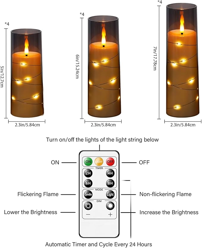 Flameless Candles with Embedded Star String - Battery Operated LED Candles, with Remote,12 Grey Flickering Candles for Christmas, Weddings, Home Decor & Party,(D 2.3"×H 5" 6" 7")
