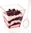 YOUBET 102 PCS Plastic Dessert Cups - 8oz Pink Clear Square Cups - 51 Pack Mini Appetizer Cup with Pink Tasting Spoons for Pudding, Fruit, Yogurt Parfait and Ice Cream