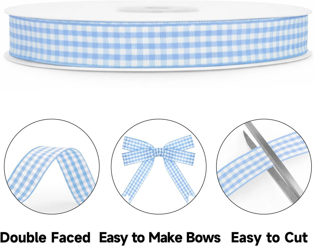 KINGLAKE Light Blue Gingham Ribbon -5/8'' x 50 Yds Blue and White | Ribbon for Gift Wrapping Plaid Buffalo Checkered Ribbon for Crafts Easter Christmas Birthday Baby Shower Picnic Outdoor Decor
