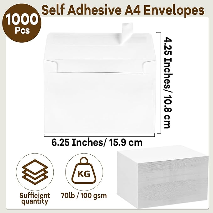 gisgfim 1000 Pcs A4 Envelopes with Self Adhesive 4.25x6.25 In White Invitation Envelopes for 4x6 Cards Printable Mailing Mailers Bulk for Wedding Baby Shower Postcard Photo Thank Notes Greeting Card