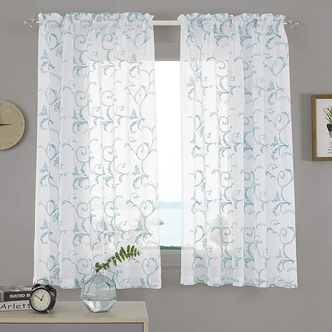 Floral Embroidery Sheer Curtains Blue 45 Inch Length, Vintage Rod Pocket Voile Drapes for Living room, Bedroom, Window Treatments Semi Crinkle Curtain Panels for Villa, Parlor, Set of 2, 52"x 45".