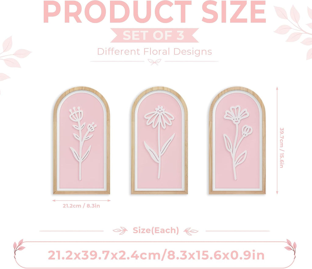 Pink 3D Wooden Floral Wall Art Set of 3, Arched Boho Girls Room Wall Decor | Pink arched panels with raised white floral cutouts in wood frames; ready to hang in bedrooms, teen rooms, dorms or hallways