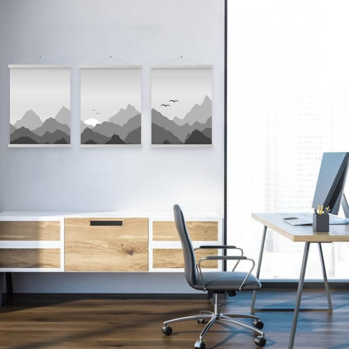 Magnetic Poster Hanger, 36x48 36x24 36x12 Poster Frame Wood Wooden Magnet Print Posters Dowel Scroll Hanger Hangers Hanging Kit for Walls Map Canvas Artwork (Grey, 36")