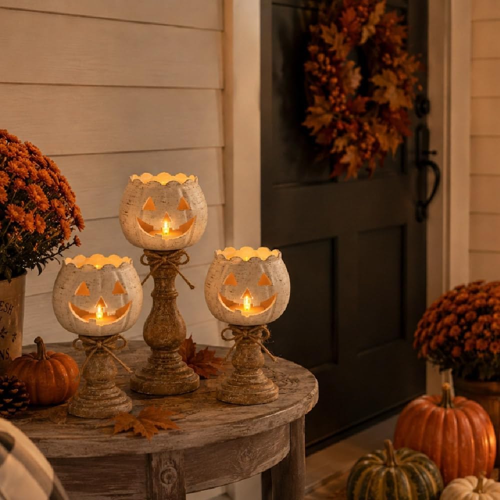 Rustic White Pumpkin Tealight Candle Holder Set, Farmhouse Halloween Pumpkin Tea Light Candle Holders Decor, Fall Tables Centerpieces for Thanksgiving & Halloween Party