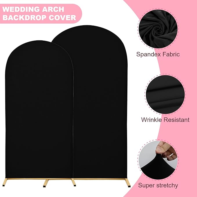 Wedding Arch Covers Arch Backdrop Cover Arch Stand Covers 7.2FT 6.6FT 6FT Set of 3 Arch Cover Spandex Fabric Stretchy Backdrop for Wedding Birthday Party Decoration Baby Shower (Black, Cover Only)