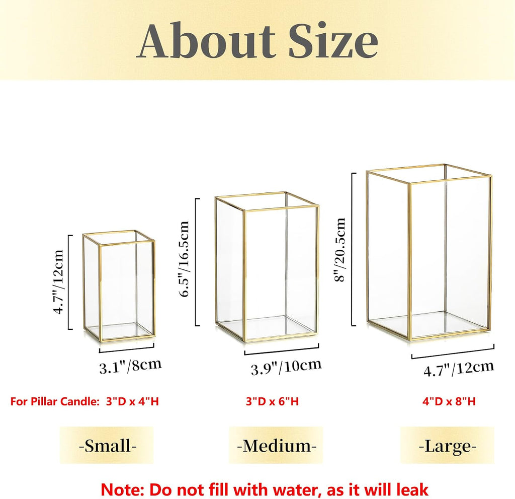 Glass Hurricane Candle Holder Large - Hewory 6pcs Gold Rectangle Flower Holders Centerpiece for Table, Tall Floor Square Pillar Candle Lantern for Wedding, Anniversary, Party, Fireplace, Dining Room