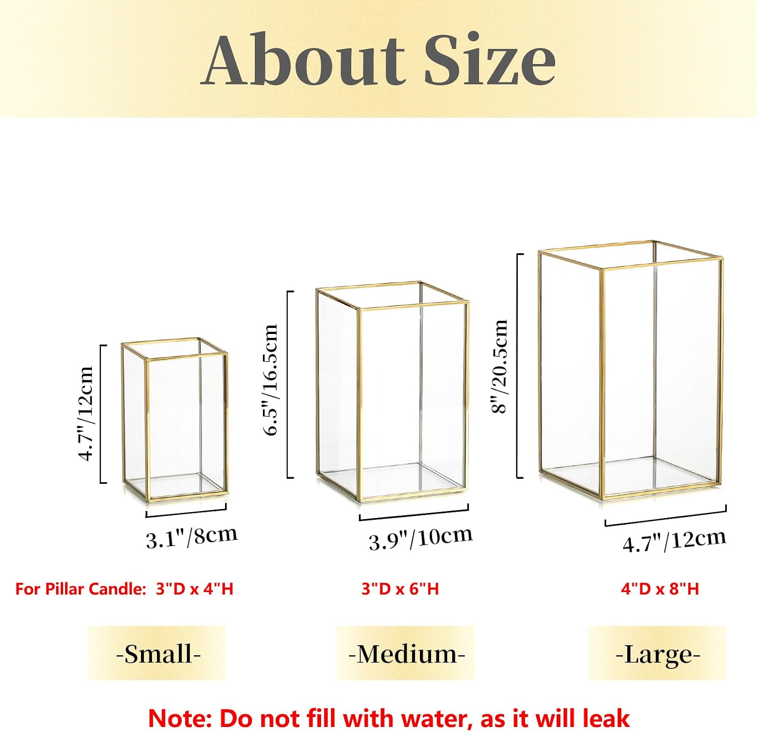 Glass Hurricane Candle Holder Large - Hewory 6pcs Gold Rectangle Flower Holders Centerpiece for Table, Tall Floor Square Pillar Candle Lantern for Wedding, Anniversary, Party, Fireplace, Dining Room