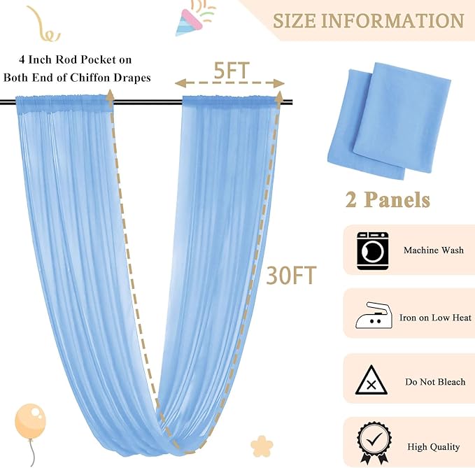 MODFUNS Light Blue Ceiling Drapes Wedding Arch Drapery 5x30ft 2 Panels Sheer Chiffon Curtain Drapes Tulle Ceiling Fabric Draping Fabric Vintage Wedding Ceremony Party Tent Ceiilng Drapes Supplies