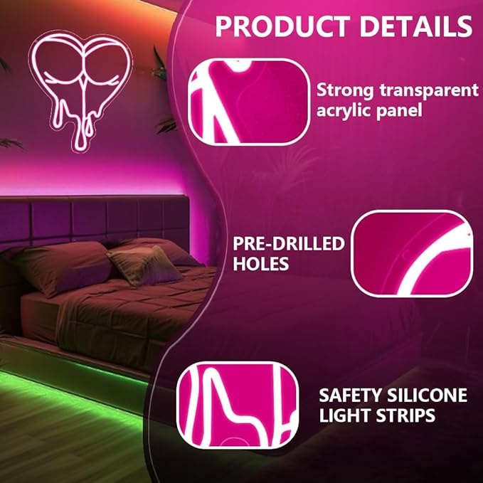 Pink Peach Neon Sign,Lady LED Light Sign for Backdrop,Melting Heart Wall Art Decor for Bar Pub Store Bedroom Club Party Man Cave,Gift for Men Women USB Powered（15"*12.6"）