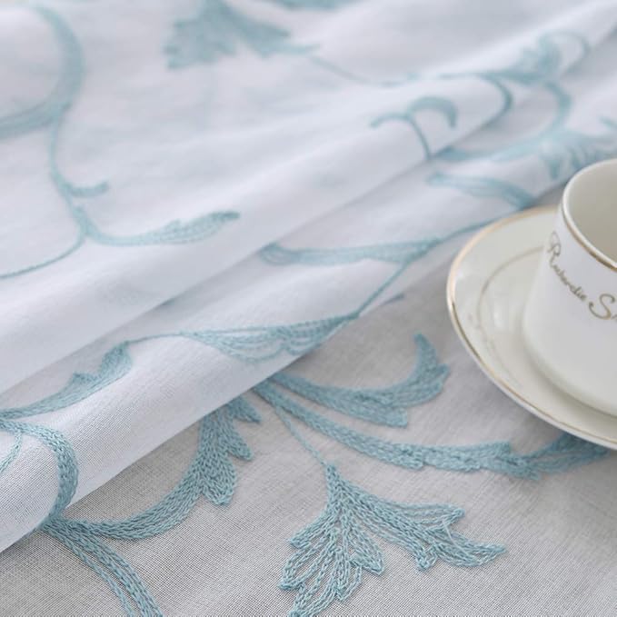 Floral Embroidery Sheer Curtains Blue 45 Inch Length, Vintage Rod Pocket Voile Drapes for Living room, Bedroom, Window Treatments Semi Crinkle Curtain Panels for Villa, Parlor, Set of 2, 52"x 45".