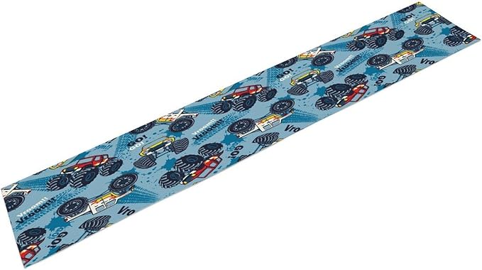 Monster Truck Table Runner,for Kids Boys Cool Colorful Cartoon Blue Cars Pattern Print Tablecloth Burlap for Hotel Indoors Outdoor Dining Room Kitchen Home Decor,W13X L36 in