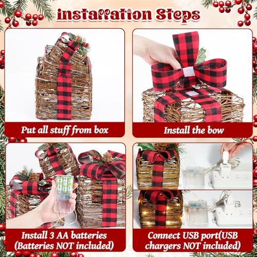 lawoho set of 3 christmas lighted gift boxes,rustic, close-up detail
