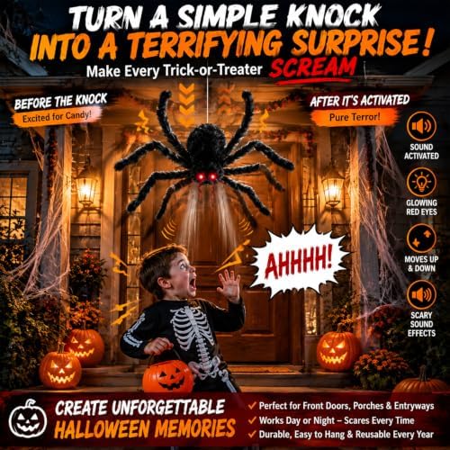 34" halloween animatronic spiders decor, jumping wriggling climbing, side view