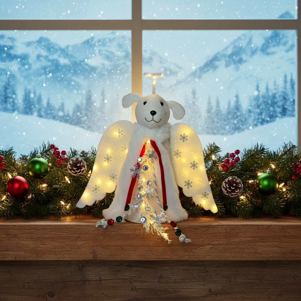 iHeartDogs Christmas Tree Topper Decoration - The Original Dog ‘Christmas Miracle’ Angel Dog Tree Topper LED Lighted Halo, Snowflake Garland & Wings Decor Ornament, Holiday Decoration