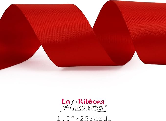 LaRibbons 1 1/2 Inch 25 Yard Double Faced Satin Ribbon,Red Satin Craft Fabric Ribbon for Gift Wrapping Floral Bouquets Wedding Party Decoration