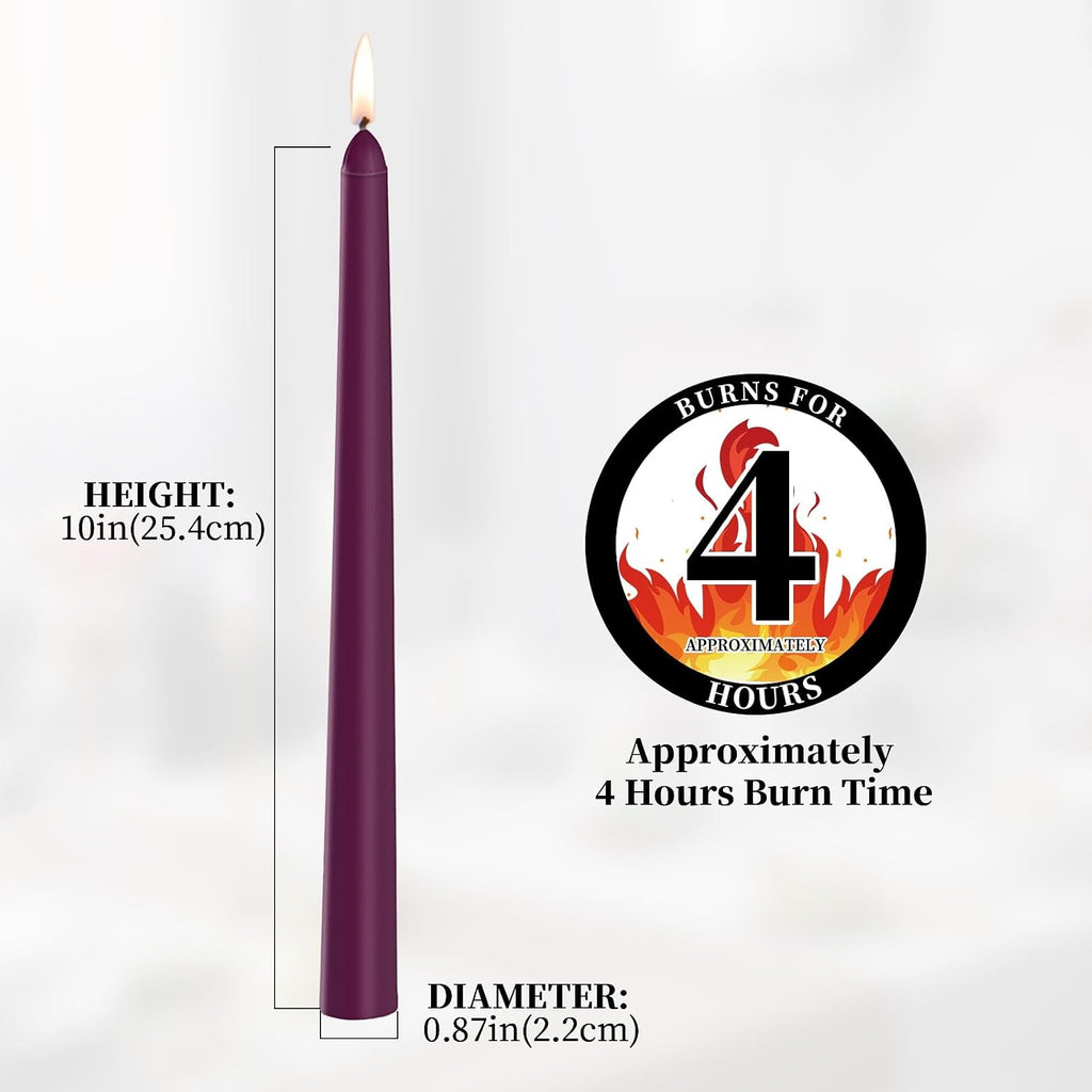 KONNI 0.87×10 Inch Purple Taper Candles, Unscented and Smokeless Tall Candlesticks, 10 Pack Tapered Candles with Cotton Wicks, Long Burning, Ideal for Weddings, Dinner Parties, and Home Décor