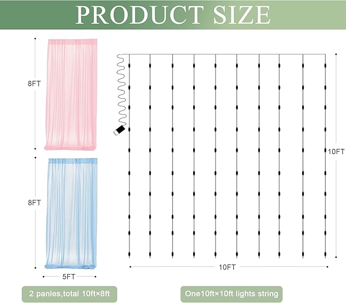 Tulle Backdrop Curtain with Lights String 10FT X 8FT Pink and Blue Sheer Tulle Backdrop Curtains for Wedding Birthday Party Reception Photo Booth Background Decorations (2 Panels 5x8FT)