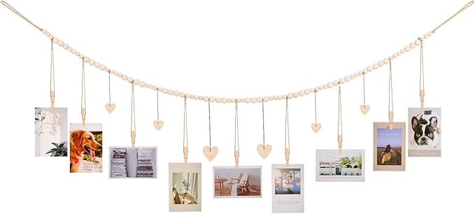 Hanging Photo Display with Clips, 9 Wood Clips, Boho Picture Frames Collage Wall Decor, Photo Hanger for Office Cubicle Decor, Kids Art Display (1)