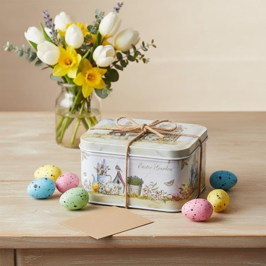 Easter Rabbit Metal Storage Tin with Handle (Style A) - 4.1" Vintage Garden Bunny Treat Box, Decorative Floral Tinplate Organizer for Easter Eggs