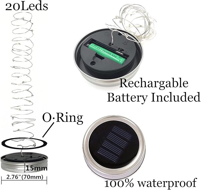 Solar Mason Jar Lid String Lights, 8 Pack 20 Led String Fairy Star Firefly Jar Lids Lights with 8 Hangers Included, for Patio Garden Wedding Lantern (Multi-Colored)