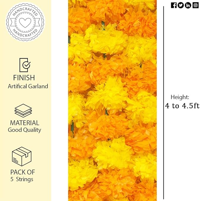 Marigold Garland for Diwali Decorations Pack of 5 - Marigold Artificial Flowers, Indian Marigold Flower Garland for Diwali Decorations (Light Orange Light Yellow | 4 to 4.5 ft) Hashcart®