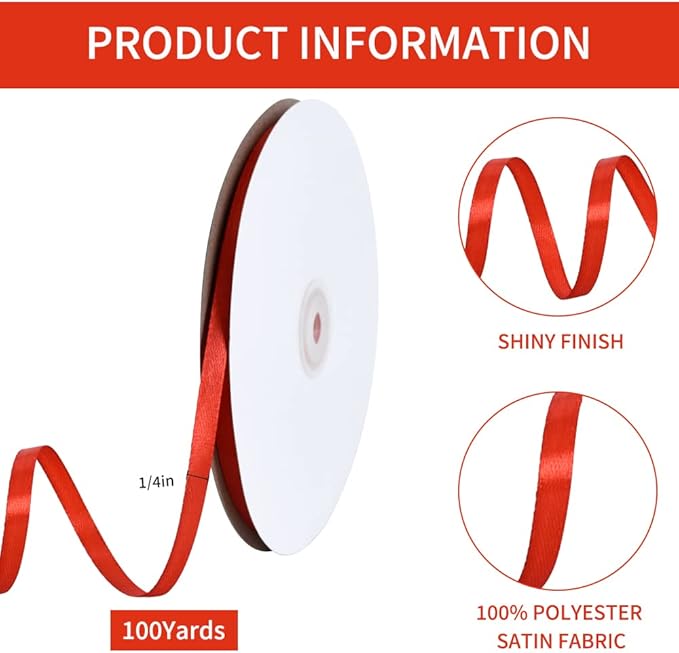 TONIFUL 1/4 Inch x 100yds Red Satin Ribbon, Thin Solid Color Satin Ribbon for Gift Wrapping, Crafts, Hair Bows Making, Wedding Party Decoration, Invitation Cards, Floral Bouquets,Christmas