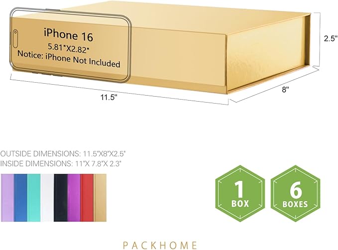 PACKHOME 6 Gift Boxes 11.5x8x2.5 Inches, Sturdy Shirt Boxes with Magnetic Lids for Multiple Occasions (Glossy Gold)