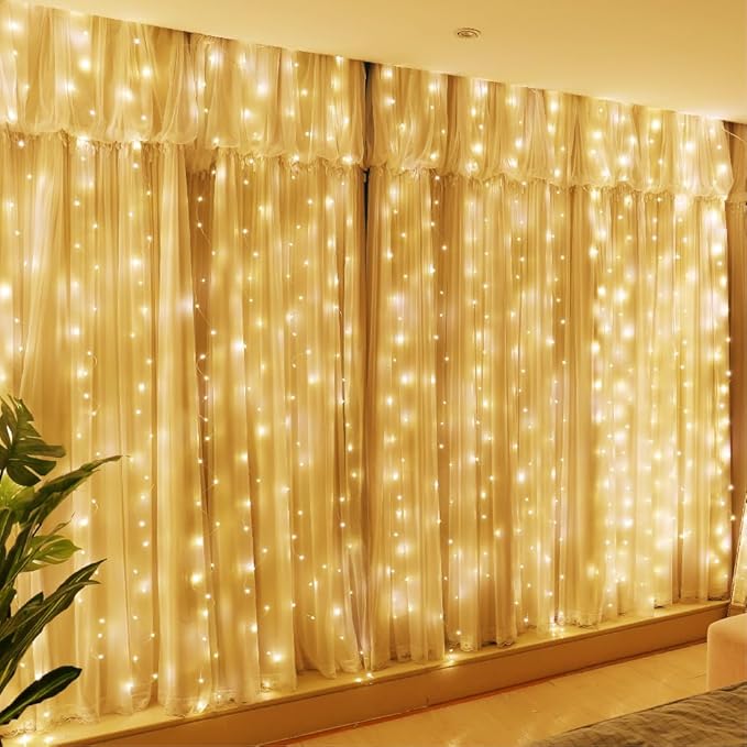 HXWEIYE 300LED Fairy Curtain Lights, 9.8x9.8Ft USB Plug-in 8 Modes Christmas String Hanging Lights with Remote for Bedroom Backdrop Wedding Party Indoor Wall Decor, Warm White