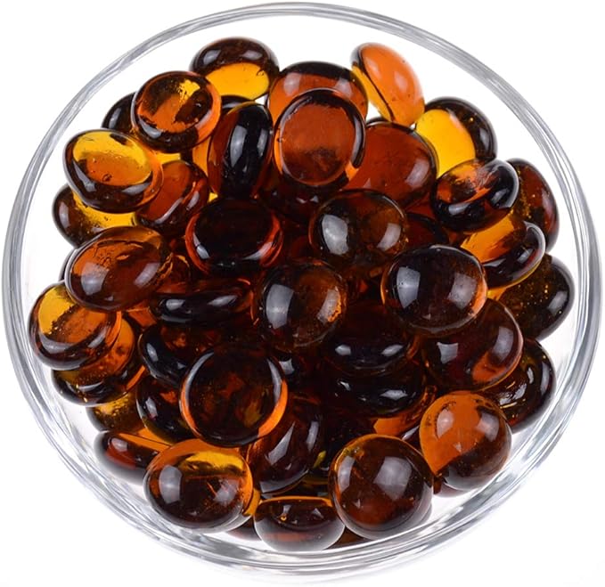 KINGOU Flat Glass Gems/Marbles/Stones/Beads for Vase Filler, Table Scatter, Games - 1 Lbs (17-19mm, Approx. 3/4")-Amber
