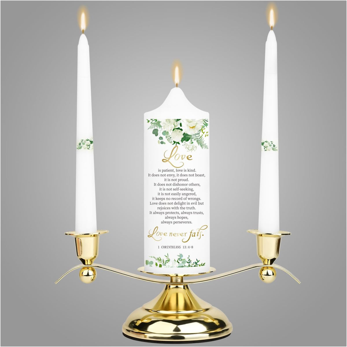 3 Unity Floral Candles for Wedding Ceremony Set with Golden Holder, Wedding A...